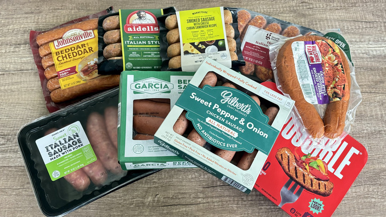 A variety of packages of sausages.