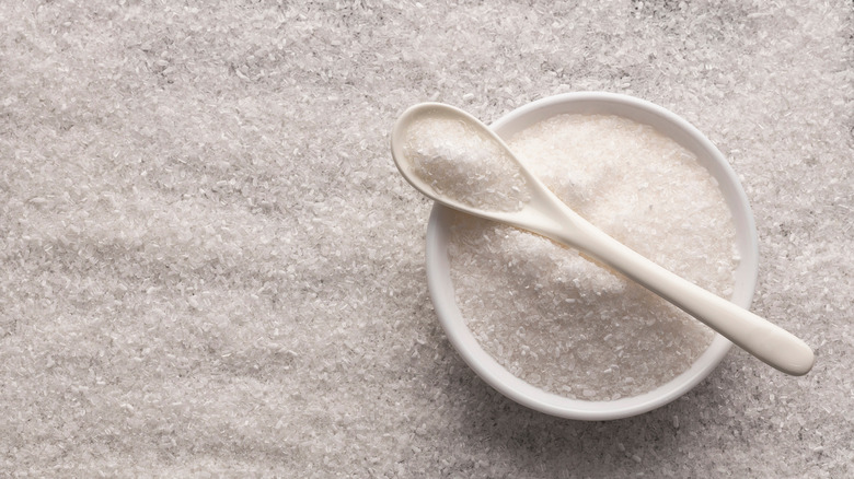 A picture of a bed of sea salt with a small bowl of salt and a spoon filled with sea salt on top