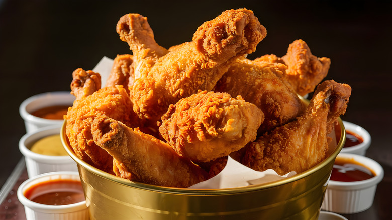 Pieces of fried chicken in a golden bucket with dipping sauces in small white cups in the background