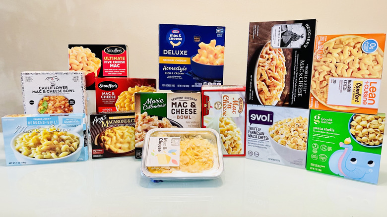 A variety of frozen macaroni and cheese brands grouped together