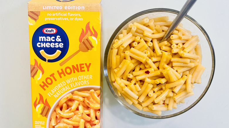 Overhead view of box and bowl of Kraft Hot Honey Mac & Cheese