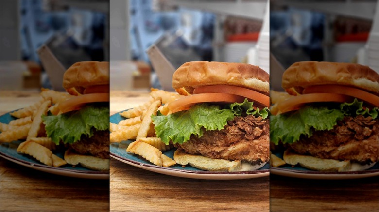 Burger with crinkle fries on plate