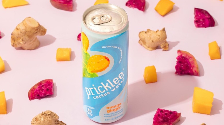A can of Pricklee cactus water before the company updated the design, featuring a heavily blue aesthetic