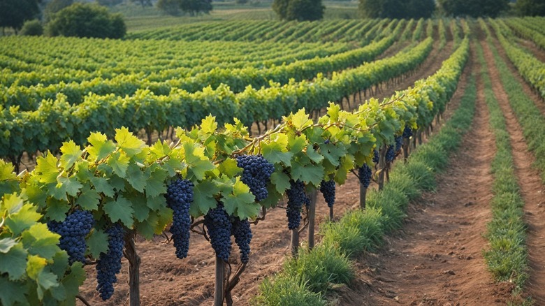 Rows of grape vines with large bunches of purple grapes grow in a vineyard