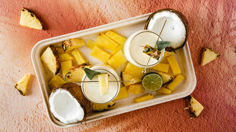 overhead of two glasses of Pina Colada