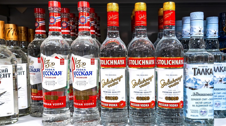 Stolichnaya and other Russian vodkas on a store shelf