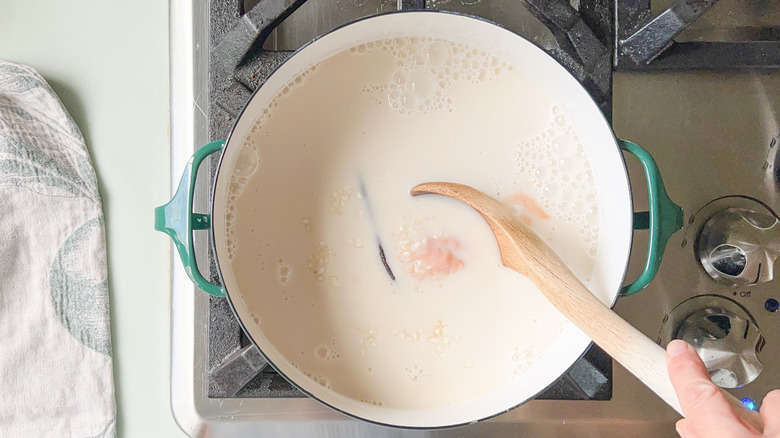 stirring pumpkin rice pudding on stove