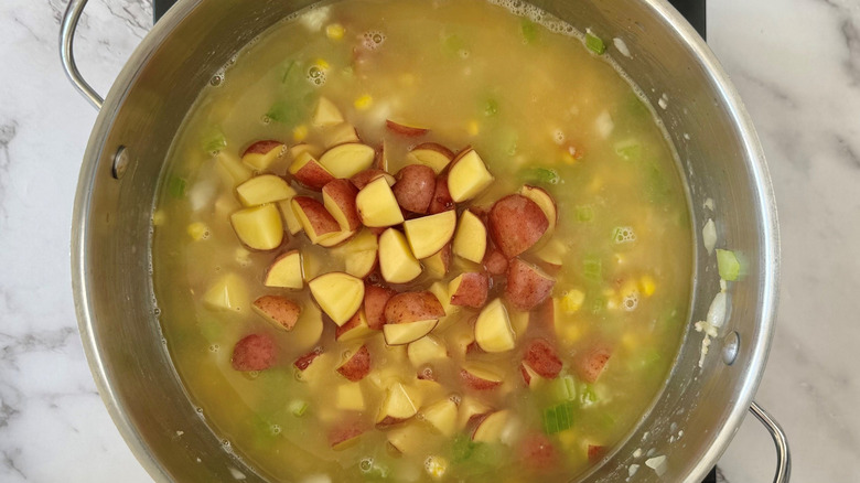 Large soup pot with broth and potatoes