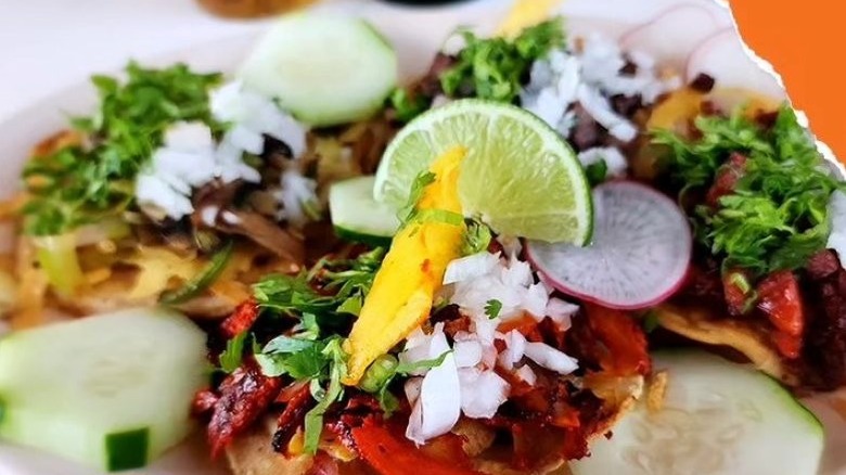 Close-up of colorful tacos from Tacos al Pastor Diaz