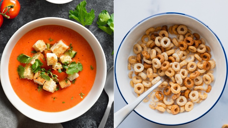 A split picture with tomato soup and croutons on one side and cheerios with milk on the other side