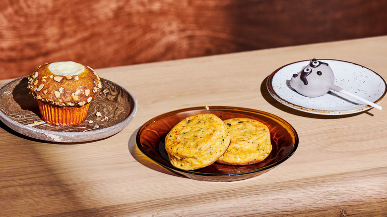 Starbucks pumpkin muffin, raccon cake pop, and egg bites
