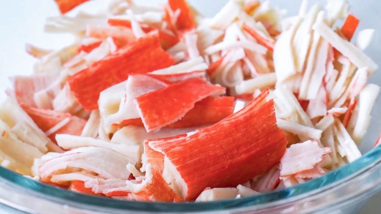 glass bowl of imitation crab