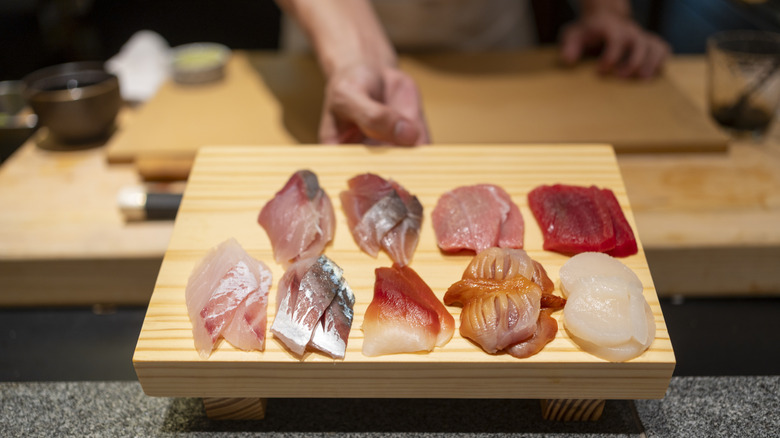 Omasake on a wooden platter