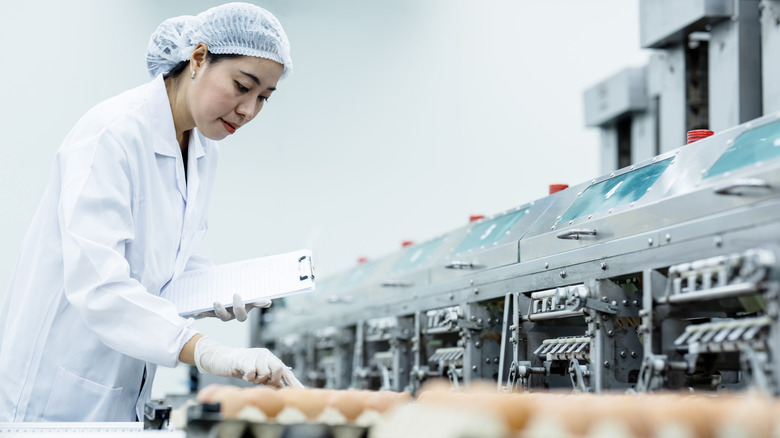 A woman inspecting fresh eggs in the sorting process for quality control in a factory.