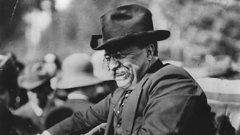 Theodore Roosevelt grins from an open vehicle