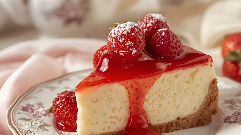 A slice of cheesecake topped with strawberries on a china plate