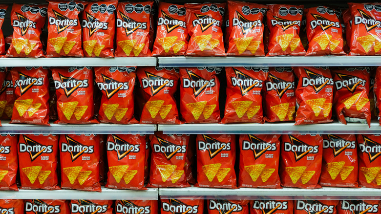 Full shelf of Doritos nachos chips