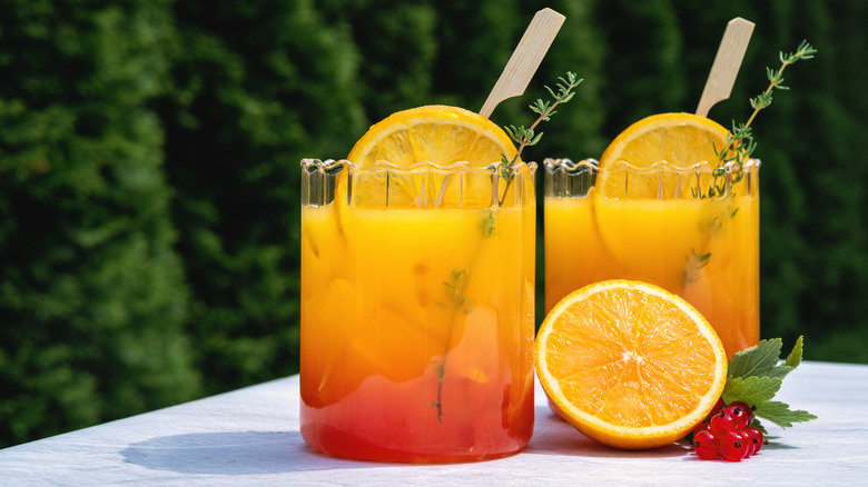 two cocktails with orange slices, fresh sprigs of thyme, and orange juice in them